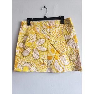 Women's size 6 J.Crew small mini skirt cotton yellow 70s theme green floral dots